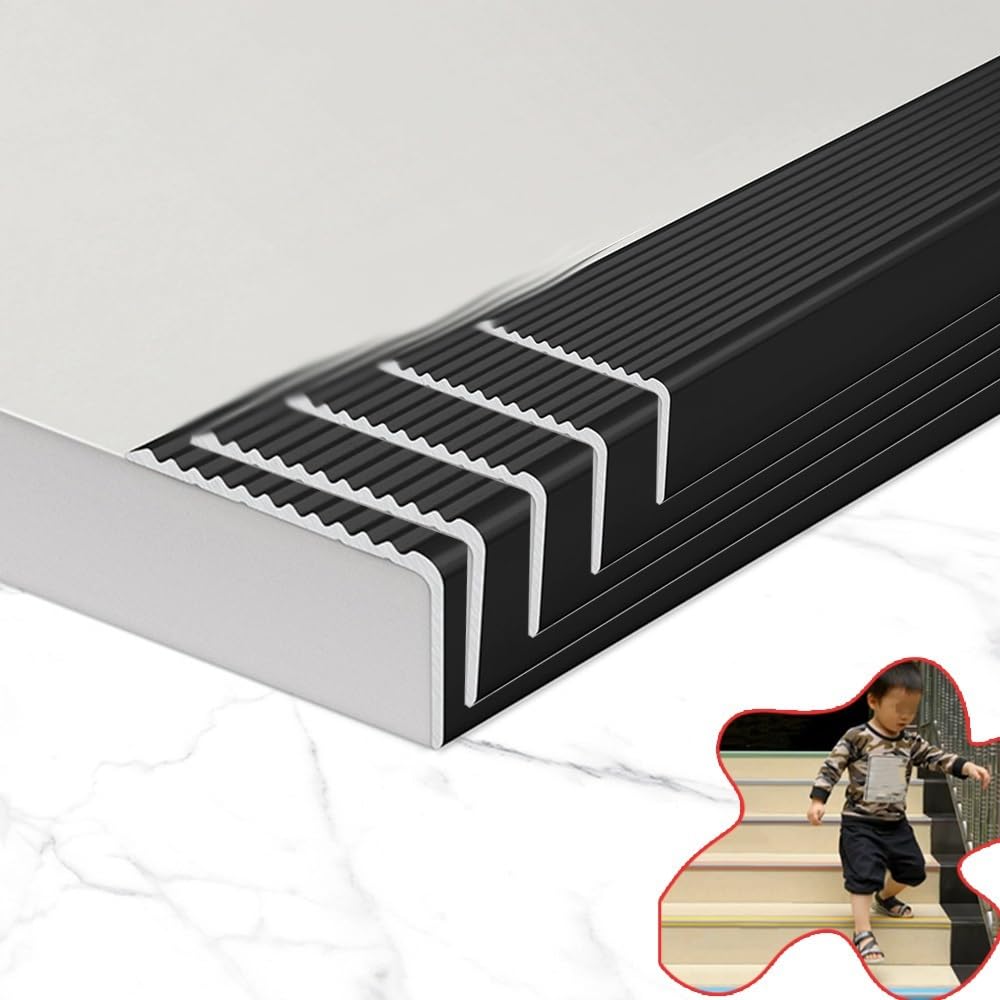 5PCS Cantos Escaleras Tiras Aluminio Perfil De Borde De Escalera Forma De L Protección De Esquinas para Escalones, 5 Cm De Ancho Tiras Antideslizantes para Peldaños(Black,90cm-35.4")