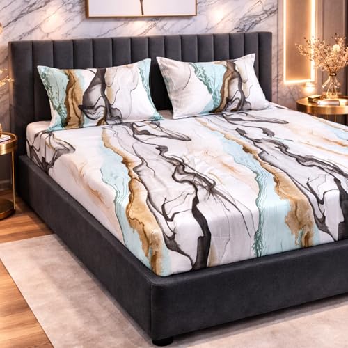 Image of THEA Double Bedsheet Set| 180 TC Cloud Soft Cotton Touch| 1 Double Bedsheet for Queen Bed (90 X 100 inches) with 2 Pillow Covers,Aqua Marble