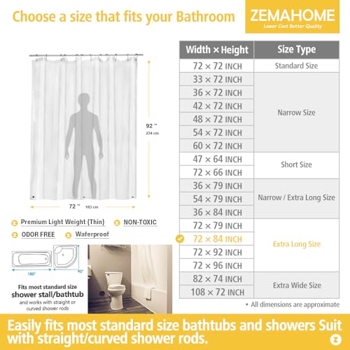 Image of ZEMAHOME Extra Long Clear Plastic Shower Curtain Liner - Lightweight 72 inch x 84 inch Transparent Bathroom Shower Showroom Curtain Liner with Rustproof Metal Gromments and Weighted Magnet