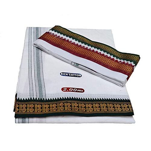 Stylesindia Men's Cotton Colored Single Layer Thalapathy Dhoti with Angavastram (Towel), White, One Size