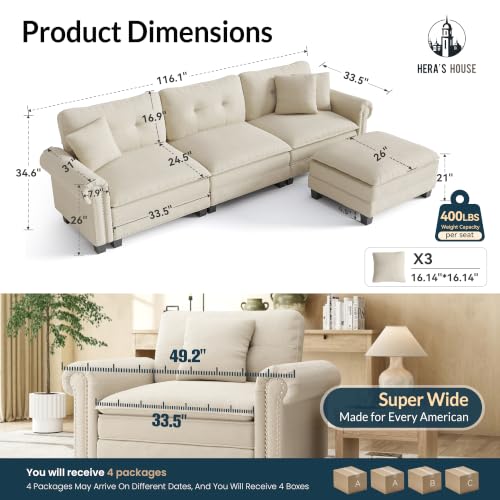 Image of HERA'S HOUSE 116 inch Oversized L Shaped Modular Sectional Couch Living Room | Mid-Century Modern 4-Seater Cloud Sofa, White, Rolled Arms & Nailhead Trim, Wider Deeper Seats, Ottoman, Chenille
