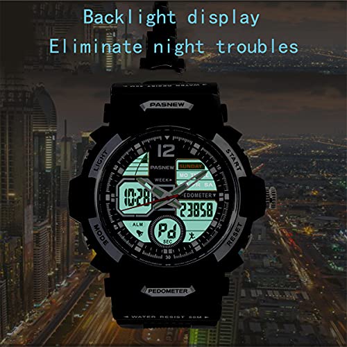 Pasnew Boys Watch Multifunction Digital-Analog Sports Waterproof Watches For Teens Girls Boys Black Gold #TOP3