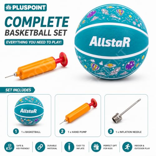 Image of PLUSPOINT Kids Basketball with Air Pump | Colorful Printed Rubber Basketball for Indoor & Outdoor Play | Training Sports Ball for Kids | Easy Grip Recreational Basketball