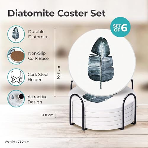 Image of The Better Home Diatomite Coaster Set of 6 with Cork Steel Holder (Dia - 10cm, Thick - 8mm) | Tea Coaster |Cups /Coffee Mugs /Glasses Coaster Set | Dining Table Accessories for Home (Leaf Print)