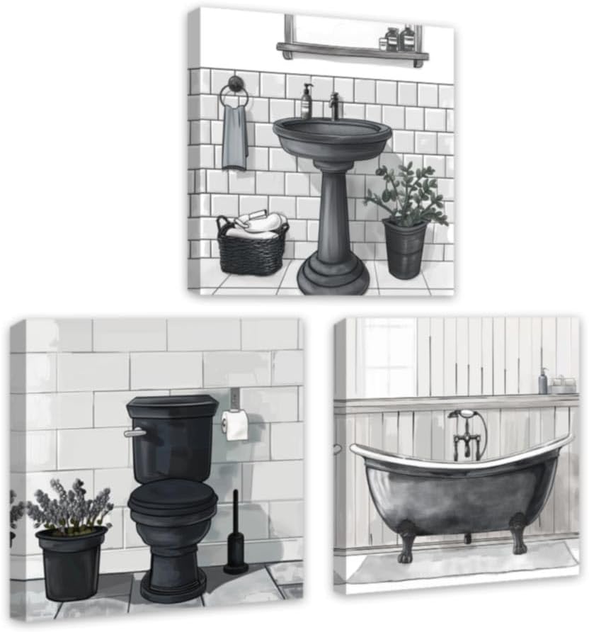 DOARTDO Bathroom Wall Art 3 Pieces Bath Tub Pictures Bathtub Canvas Painting Prints Bathroom Toilet Washroom Wall Decor Framed Ready To Hang (Black, (12"x12"x3 Pieces))