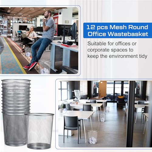 Image of Hushee 12 Pcs Metal Mesh Trash Can Wire Waste Paper Basket Trash Bin Garbage Can for Office Under Desk, Kitchen, Bedroom, Den, Dorm Room, Toilet(Silver,12 Pcs)