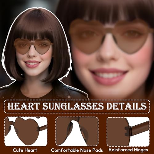 Image of PLULON Dark Brown Short Bob Wig with Bangs for Women, Colorful Neon Short Bob Synthetic Hair Wigs with Hair Cap Heart Sunglasses for Girls Men Daily Bachelorette Halloween Costume Party Supplies