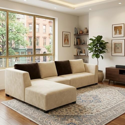Image of FURNY Olympus 6 Seater LHS L Shape Sofa Set | Plush Velvet Suede Fabric | Modern Design | Soft Comfort Dual Color Cushions for Living Room, Office & Hotels (Cream-Dark Brown)
