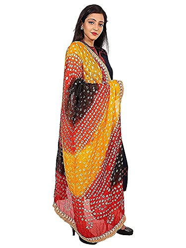 Image of Women's Jaipuri Art Silk Bandhej Rajasthani Bandhani Dupatta with Gota Patti Lace