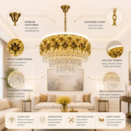 Image of Elegant Chandelier Ceiling Light for Living Room Hanging Pendant Light | Italian K9 Crystals | Metal Frame | Adjustable LED Light-Pack of 1 (Chandelier-Floral-400MM-Gold)