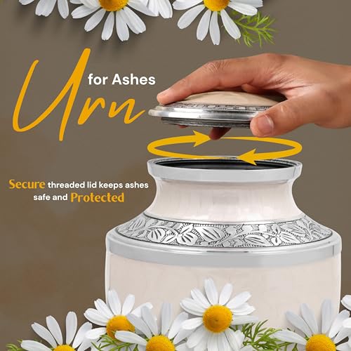 Image of ALPHA Living HOME Cremation Urns for Human Ashes - Adult Memorial Urn - Metal Funeral Urn with Elegant Finish - Secure Screw-Top Lid - Durable, Decorative Urn for Home 10.5 inch (Ivory Silver)