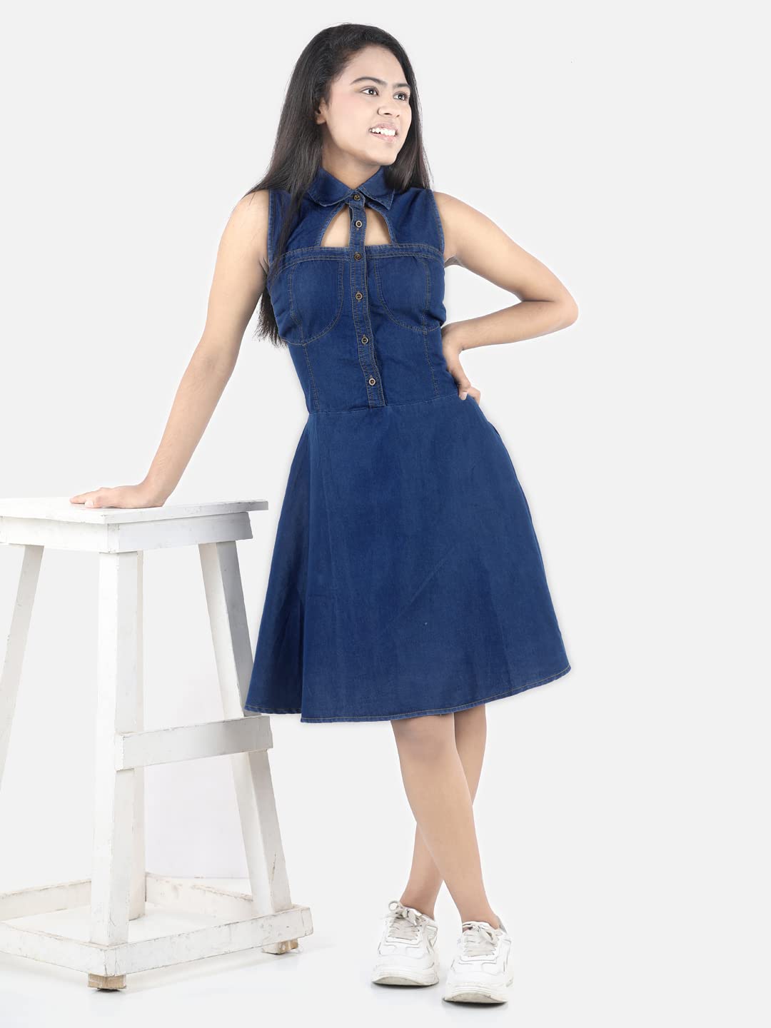 StyleStone Girls Denim Window Cutout Navy Blue Dress (9400DarkWndw9-10) 1