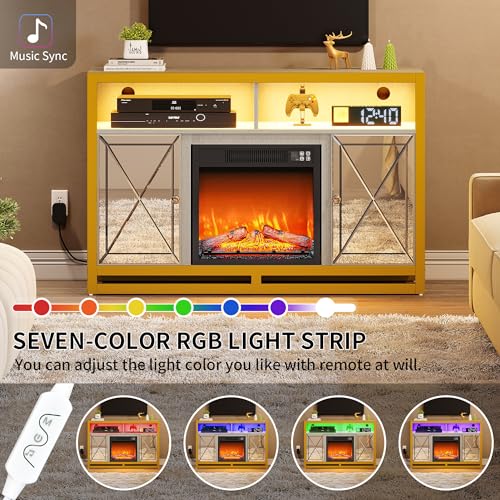 DWVO LED Mirrored Fireplace TV Stand for up to 55 Inch TV, Entertainment Center for Living Room w/ 3D Realistic Flame Effect Electric Fireplace, Media Console Cabinet 400lbs, Silver Grey/Gold