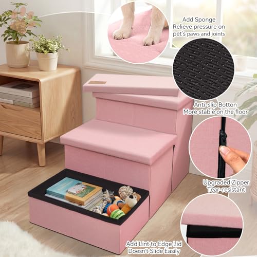 Image of Zerbuger Dog Stairs with Storage, Pink 3 Steps Dog Ramp no Condo for Bed | 18 inch H Small Dog Steps for High Beds Couch, Folding Storage Pet Stairs Gift for Climbing Small /Medium /Large Old Dogs Cats