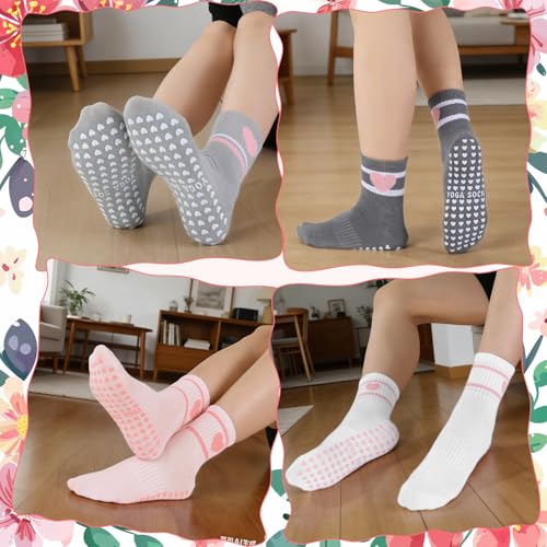 Image of Jspupifip 4 Pairs Pilates Grippy Socks for Women, Long Non Slip Yoga Socks with Grips Crew Socks for Pilates Barre Hospital
