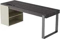 Mesa de trabalho Mesa de escritório moderna com acabamento em cor esfumaçada, mesa espaçosa para laptop, escrita tomadas, gavetas e armário armazenamento(S)