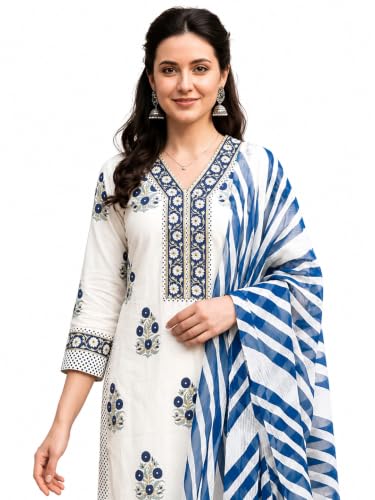 Image of Pinkmint Women Kurta Set Printed V Neck Stright Kurta & Bottom with Dupatta Set