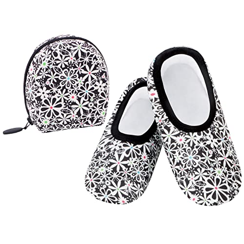 Image of Snoozies Skinnies Packable and Foldable Travel Slippers for Women with Zipper Pouch, Soft Sherpa-Lined Slipper Socks Non-Skid