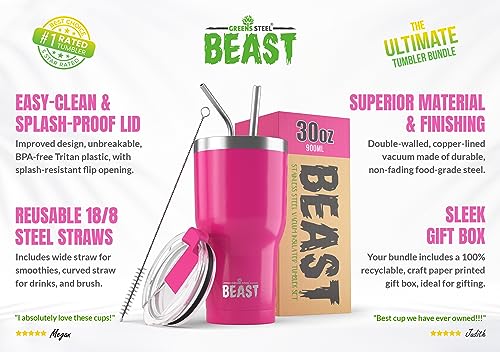 Image of Beast 30 oz Tumbler Stainless Steel Insulated Coffee Cup with Lid, 2 Straws, Brush & Gift Box by Greens Steel (30oz, Cup Cake Pink)