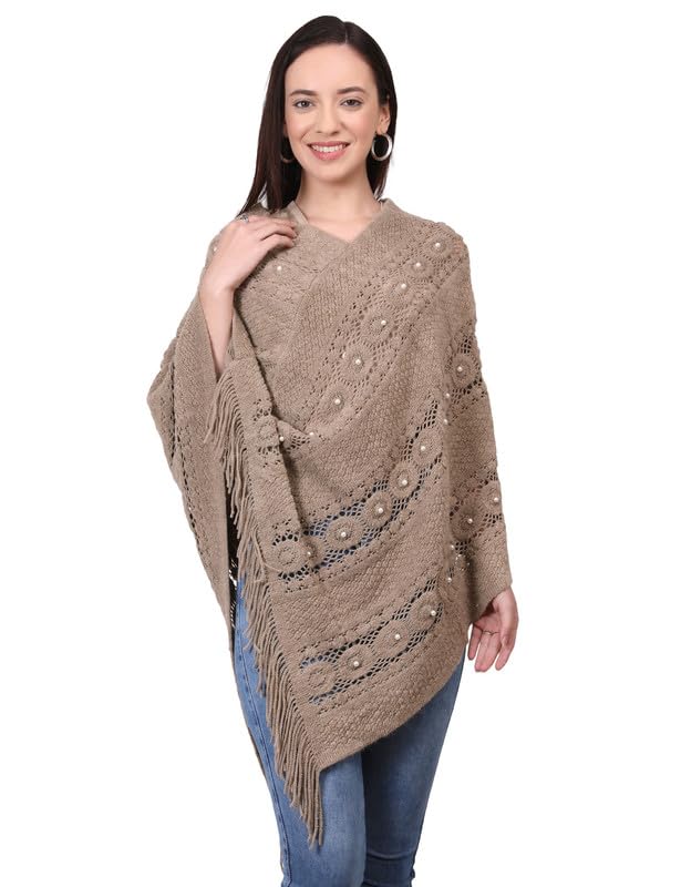 MANRA Women's Elegant Knitted Shawl Poncho with Fringed V-Neck with Pearls Solid Sweater Pullover Cape Gifts for Women Mom (SC 108)-picture-29
