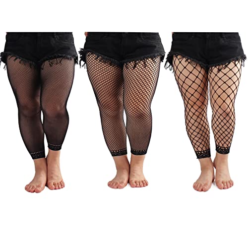 Phedrew Women's Plus Size Fishnet Stockings 3 Pairs High Waist Stretchy Footless Tights