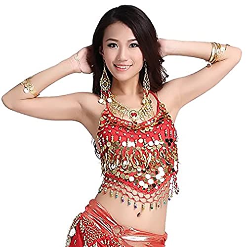 Image of VRITRAZ Women's Chiffon Belly Dance Chiffon Top, Harem Pants and Hip Scarf Ringy Golden Coins Fancy Pants