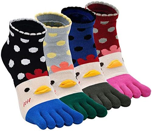 Hellomamma Women's Toe Sock Cute Cat Dog Ankle Sock Cotton Athletic Running Five Finger Socks for Girls (4 Pairs)