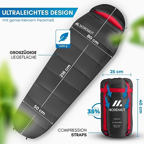 NORDMUT® Schlafsack Erwachsene – kleines Packmaß & Ultraleicht (900/1500g) – 3-Jahreszeiten (250 GSM) & Sommerschlafsack (100 GSM) – Mumienschlafsack für Camping, Outdoor & Festivals 4
