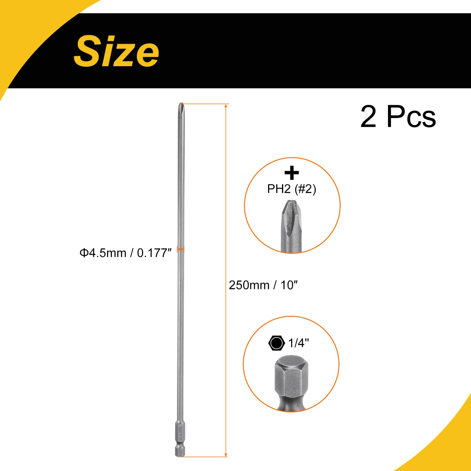 2 szt. Magnetyczny śrubokręt krzyżakowy PH2 1/4 cala trzpień sześciokątny 250 mm długości 4,5 mm pręt