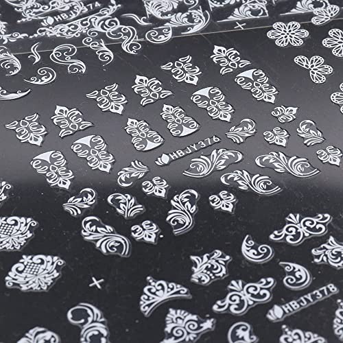 Flowers Nail Decals 3D Self-Adhesive White Floral Nail Art Stickers Wedding Lace Floral Nail Supplies Retro Vine Leaf Pattern Design Luxury Crown Nail Decorations For Women Girls(373-384 White) #TOP3