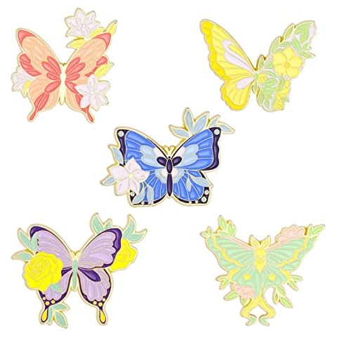 Butterfly Enamel Pins Set Cool Horror Enamel Lapel Pins Brooches for Backpacks Steampunk Badge Jewelry for Women (5pc flower butterfly pins) Cover