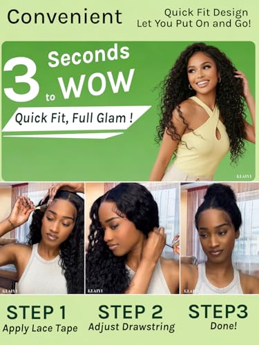 Image of KLAIYI Water Wave Pre Everything 13x4 HD Lace Frontal Human Hair Wig with Baby Hair Drawstring Glueless Pre Plucked Bleached Bye Bye Knots Curly 30S Ready to Wear and Go Wig Beginner Friendly 14Inch