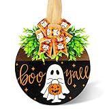 Halloween Wooden Welcome Sign for Front Door Hanging Spooky Ghost Boo Yall Sign with Bow Halloween Wooden Door Hangers Wreath for Farmhouse Home Window Outdoor Wall Party Decoration Supplies