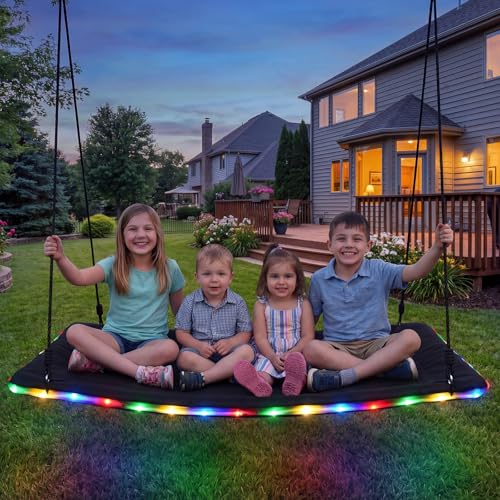 Image of Trekassy 60 inch Platform Tree Swing with LED Light, Large Outdoor Skycurve Swing for Kids and Adults, Waterproof 900D Oxford Fabric, 9.8 FT Hanging Straps