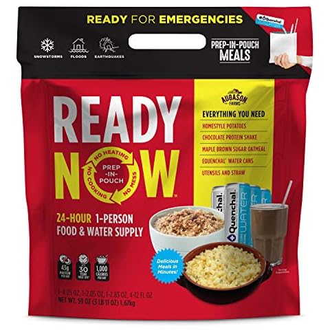 Augason Farms Ready Now Emergency Food Supply with Homestyle Potatoes | Includes Emergency Water and Utensils | Prep-in-Pouch Meals | Camping Mess Kit | 25-Year Shelf Life Cover