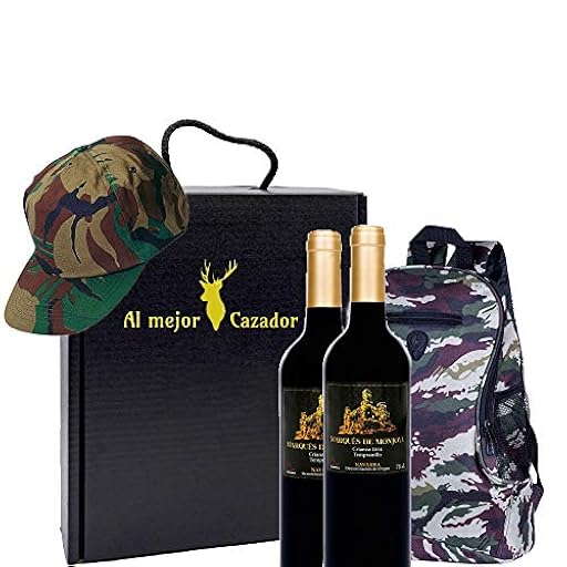 Caja Regalo Vino - Pack de 2 Botellas de Crianza + Regalo Al Mejor Cazador + Kit con Gorra y Mochila de Camuflaje para Caza - D.Origen Olite Navarra - Ideal para regalar | Ya disponible en tu tienda friki favorita! En mundofriki.es!