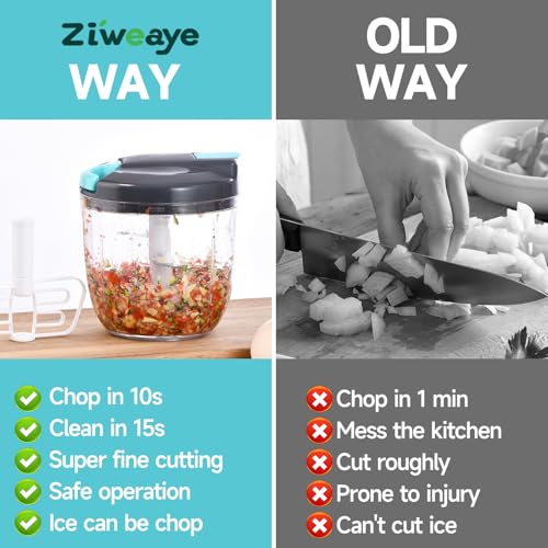 Manual Food Processor Vegetable Chopper, Portable Hand Pull String Garlic Mincer Onion Cutter for Veggies, Ginger, Fruits, Nuts, Herbs, etc., (900ml,Gray-blue) - Image 3