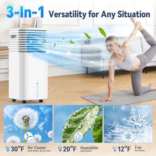 Image of Windowless Air Conditioner Portable 1800CFM w /4 Modes&3 Speeds, 15H Timer, 3 Gal Tank for 24H Cooling 600Sq.Ft, 120Swing Swamp Cooler Air Conditioner, Evaporative Air Cooler No Hose for Room