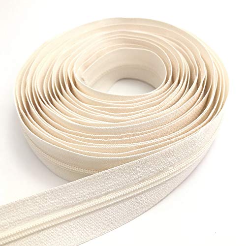 10Yards Bulk Zippers #3 Nylon Coil Zippers by The Yard with 15pcs Auto-lock Zipper Sliders and 10pcs Silver Pulls for Sewing Crafts Bages(#3 Off White)