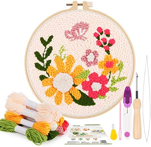 Pllieay Punch Needle Embroidery Starter Kits for Kids and Adults Beginners, Include Instructions, Punch Needle Fabric with Floral Pattern, Yarns, Embroidery Hoops and Threader Tools