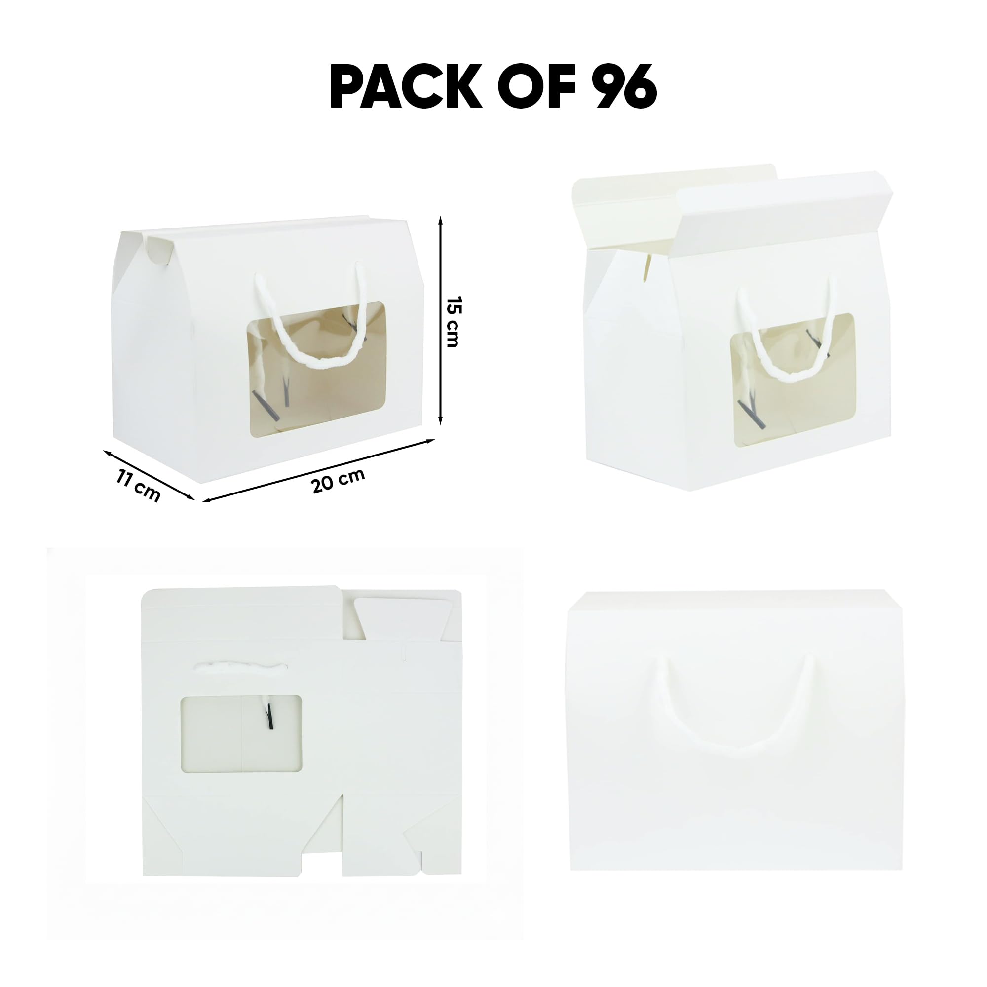 Emartbuy Weiße Kraft-Geschenkboxen mit Fenster & Griff - Größe 2 (20 × 15 × 11 cm) - Luxus-Präsentationsboxen für Bäckerei & Firmengeschenke - 96 Stück