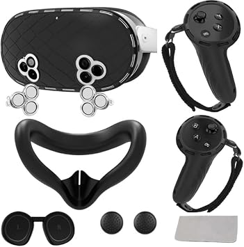 Meta Quest 3S Compatible VR Accessories Silicone Protection Kit 7 Pcs Set Handle Protector+Alloy Lens Film+Body Protective Cover+Silicone Mask+Rocker Cap+Dust Cover+Cleaning Cloth Black