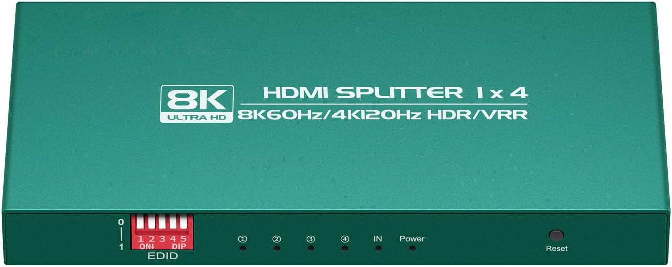HDMI Splitter 1 in 4 Out 4k 120hz hue Light sync Box | EDID Management | Works with Xbox/PS5/PS4/Blu-Ray Player/Capture Card | Home Theater/Office VRR HDR10+ HDCP 2.3