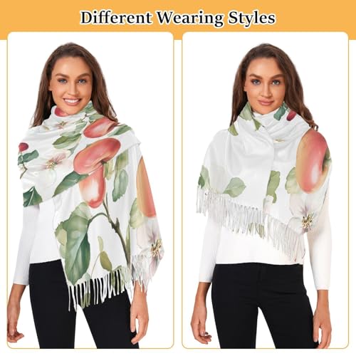 Apples and Apple Blossoms with Leaves Fashion Scarfs for Women Long Blanket Scarf Cashmere Feel Shawls Wraps with Fringe for Winter 7