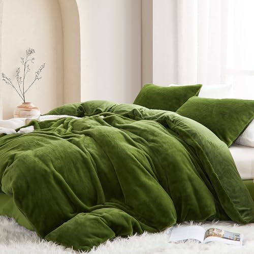 Lanqinglv Plush Bed Linen 135 x 200 cm Green White Faux Fur Fluffy Winter Bed Linen Warm Cosy Flannel Fleece Flannelette Plain Duvet Cover with Zip and 1 Pillowcase 80 x 80 cm