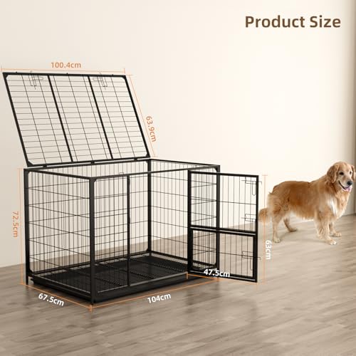 VOWNER Hundekäfig Hochbelastbar, 3 Türen Hundebox, 104 x 68 x 73 cm, für mittelgroße und große Hunde, 2 abnehmbare Türen mit Herausnehmbares Bodenschale, XL Gitterbox für Zuhause, Schwarz