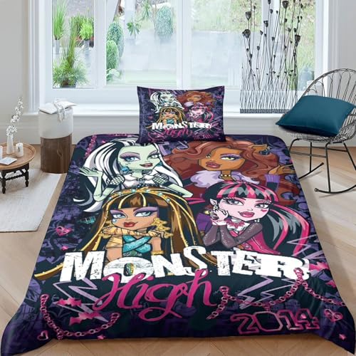 AYZOFCNDK Monster High Quilt Cover Duvet Cover for Boys Girls 3D Print Anime Characters Comforter Covers with Pillow Cases Bedding Set Soft Microfiber with Zipper Closure 2 Pieces Single（135x200cm）