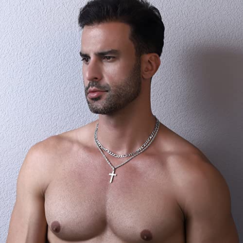 P.BLAKE 2 Pcs Cross Necklace With Chain for Men Boys, Layered Mens Stainless Steel Figaro Link Rope Chain 16-24 Inch Christian Religious Cross Pendant Necklaces Jewelry Gifts