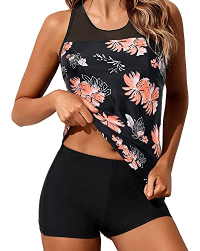 Yonique Tankini Swimsuits For Women With Shorts Athletic Two Piece Bathing Suits Racerback Tank Tops Swimwear Black Pink Floral L thumb #2