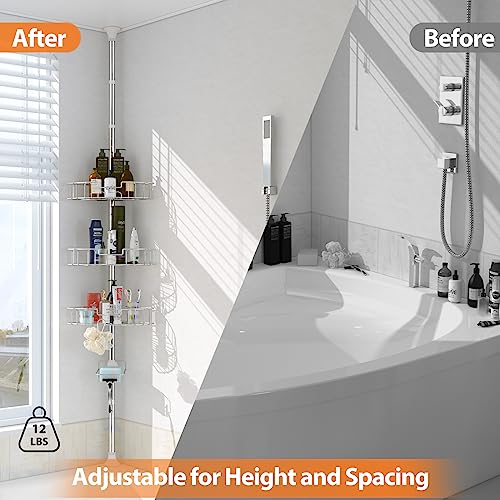 Image of YeYeBest 39-125 Inch Rustproof Shower Caddy Corner for Bathroom, Bathtub Storage Organizer with 4 Adjustable Baskets, Sliver